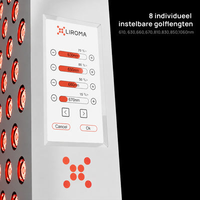Touchscreen einer Liroma PrimeFORCE Gen5 Rotlichtlampe, auf dem sich die 8 Wellenlängen einzeln einstellen lassen