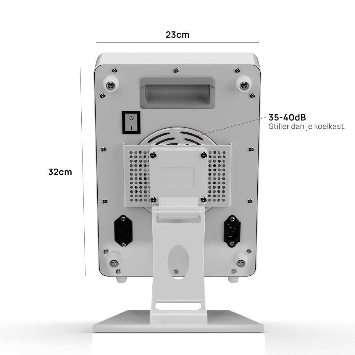 Rückseite der Liroma Compact Gen5 Rotlichtlampe mit Lüfter, Ein-Aus-Schalter und den Maßen 32 mal 23 cm