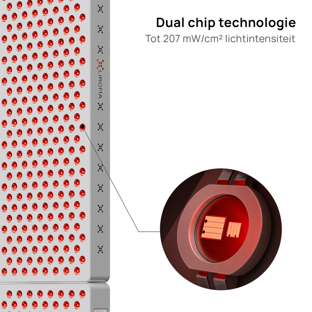 Nahaufnahme einer Dual-Chip-LED der Liroma Multi Gen5 Rotlichtlampe