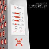 Touchscreen der Liroma Compact Gen5 Rotlichtlampe, auf dem sich die 8 Wellenlängen einzeln in Prozent einstellen lassen