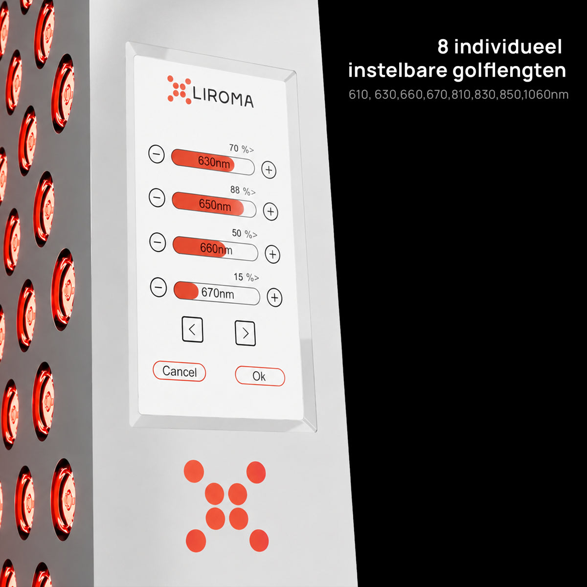 Touchscreen der Liroma Elite Gen5 Rotlichtlampe mit einzeln einstellbaren Wellenlängen