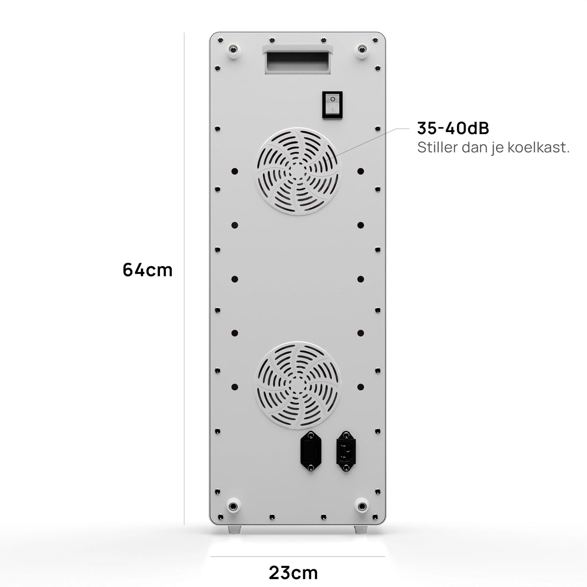 Rückseite der Liroma Advanced Gen5 mit zwei Lüftern, Ein-Aus-Schalter und den Maßen 64 mal 23 cm