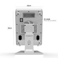Rückseite der Liroma Compact Gen5 Rotlichtlampe mit Lüfter, Ein-Aus-Schalter und den Maßen 32 mal 23 cm